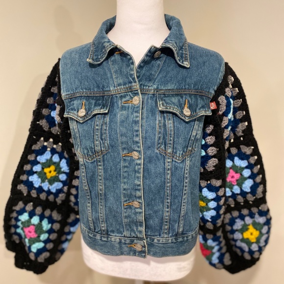 Upcycled Roxy Denim Jacket — Size M, Crochet Granny-Square Sleeves - Picture 1 of 7